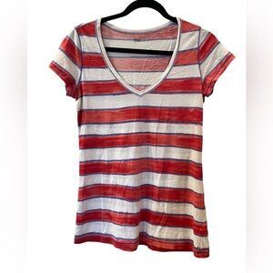 Gap Red White Blue Striped Shirt Tee Short Sleeve V Neck Women's Size Medium